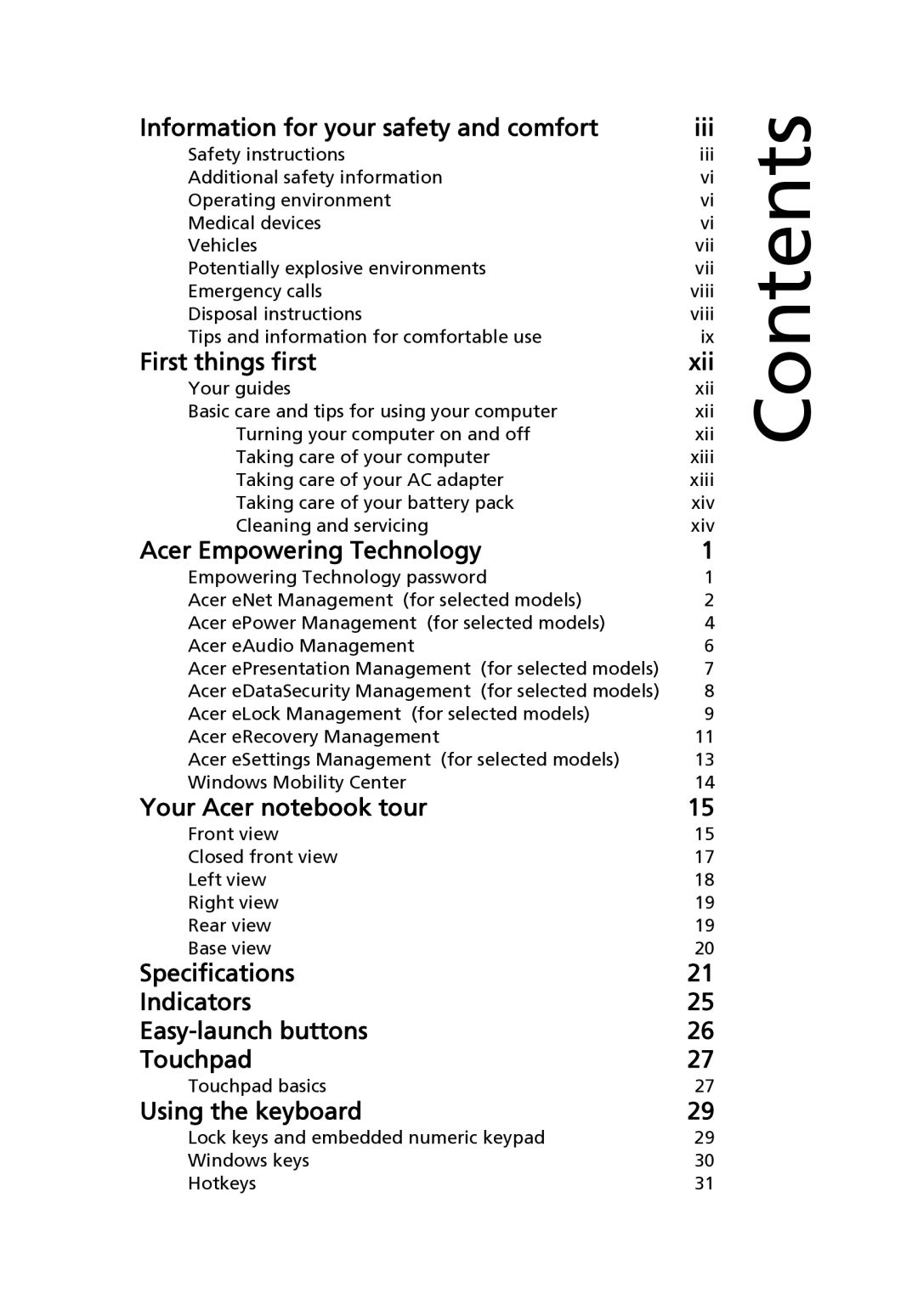 Acer 4520 manual Contents 