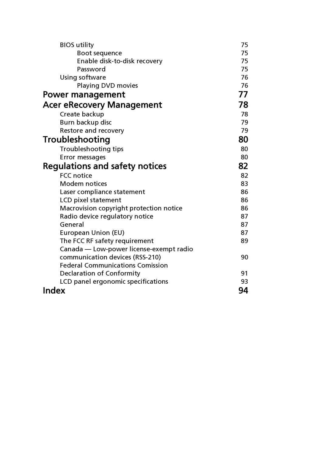 Acer 4520 manual Power management Acer eRecovery Management 