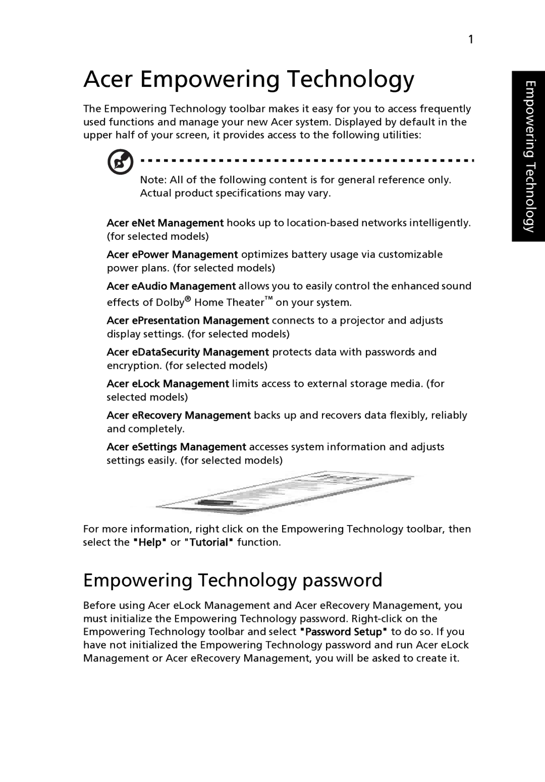 Acer 4520 manual Acer Empowering Technology, Empowering Technology password 