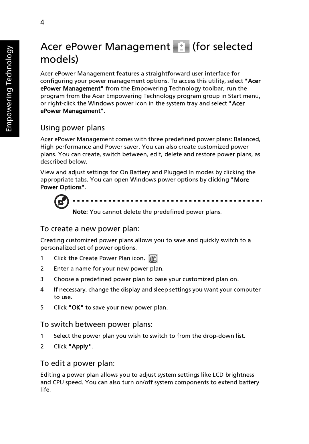 Acer 4520 Acer ePower Management for selected models, Using power plans, To create a new power plan, To edit a power plan 