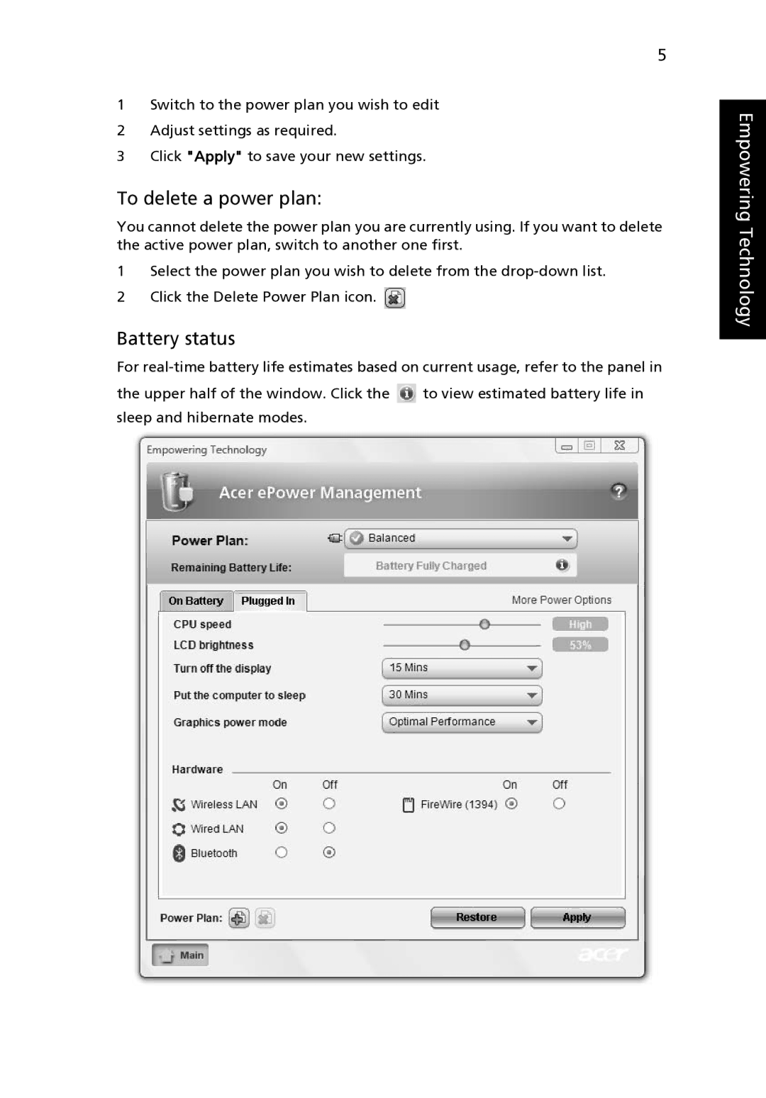 Acer 4520 manual To delete a power plan, Battery status 