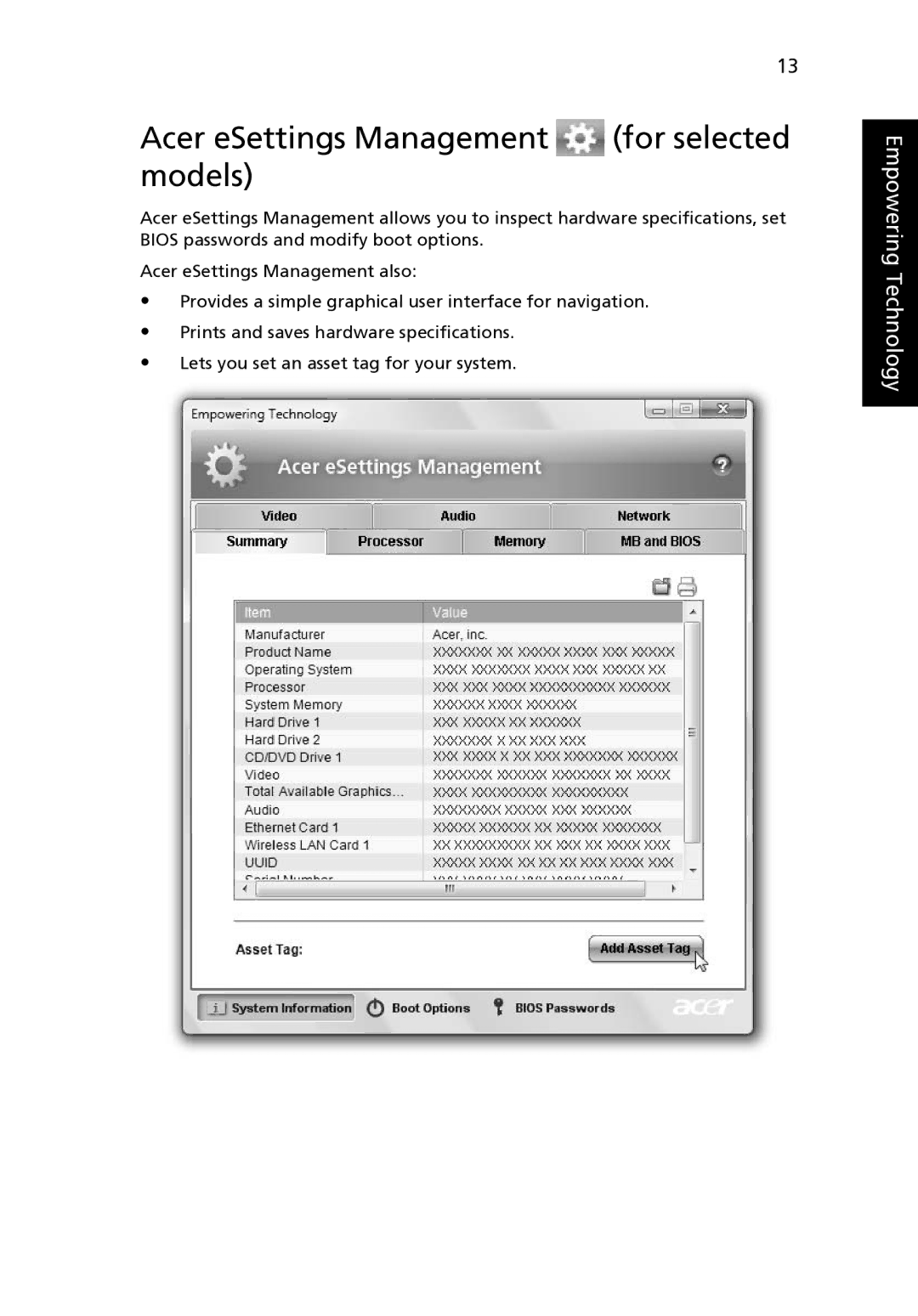 Acer 4520 manual Acer eSettings Management for selected models 