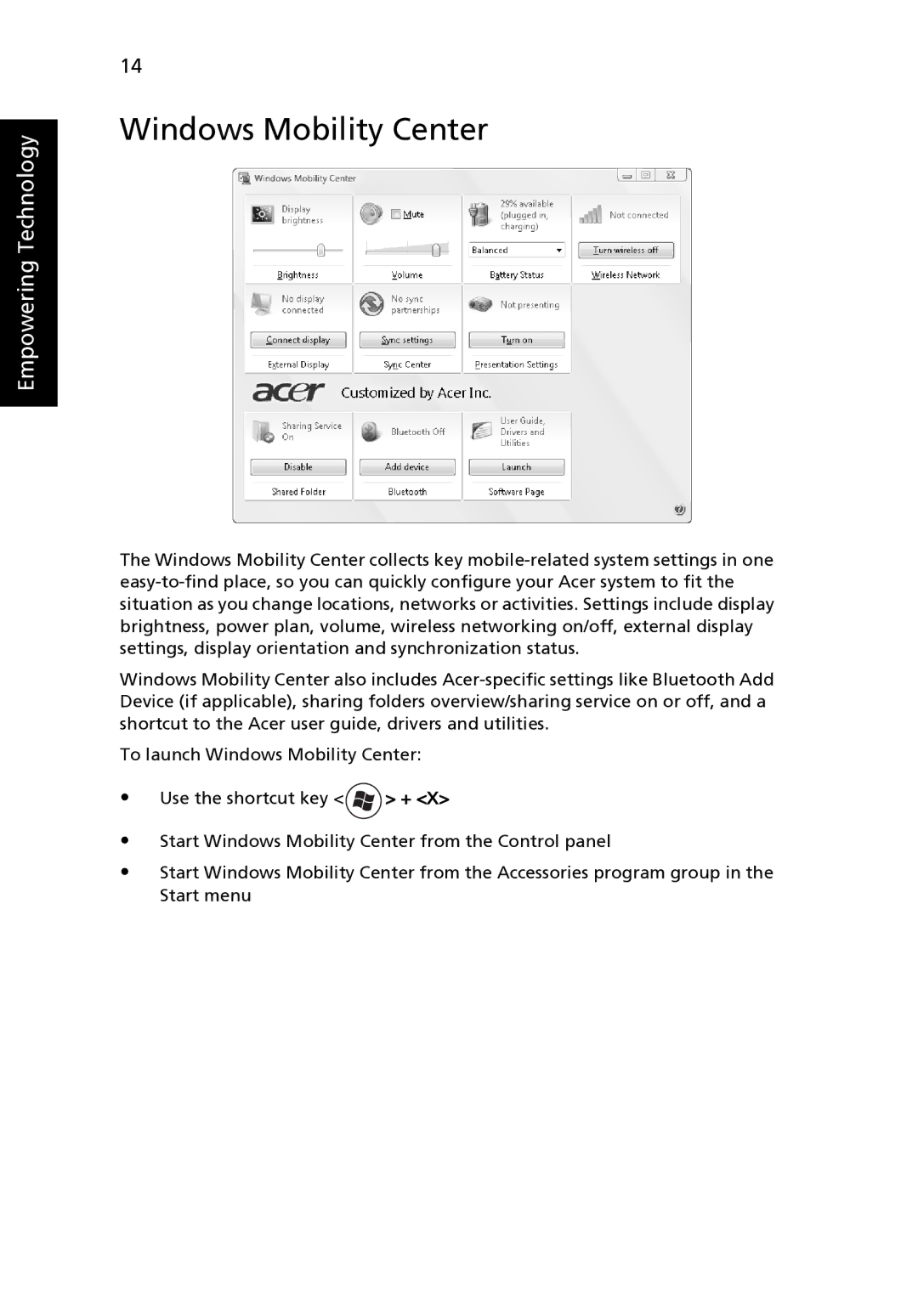 Acer 4520 manual Windows Mobility Center 