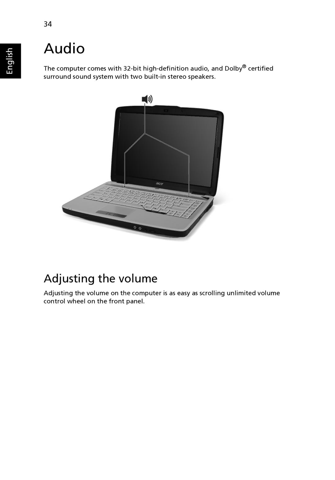 Acer 4520 manual Audio, Adjusting the volume 