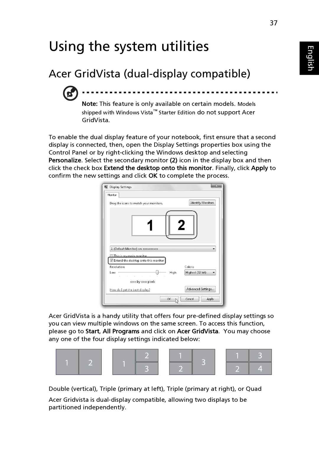 Acer 4520 manual Using the system utilities, Acer GridVista dual-display compatible 