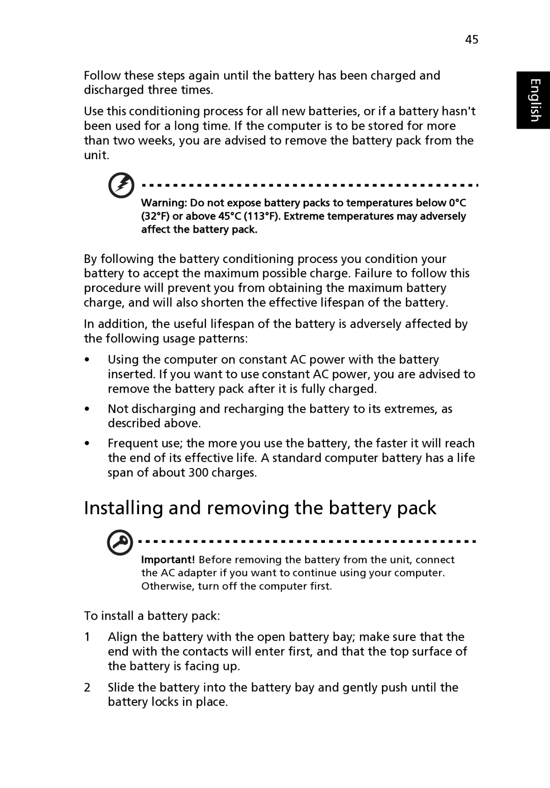 Acer 4520 manual Installing and removing the battery pack 