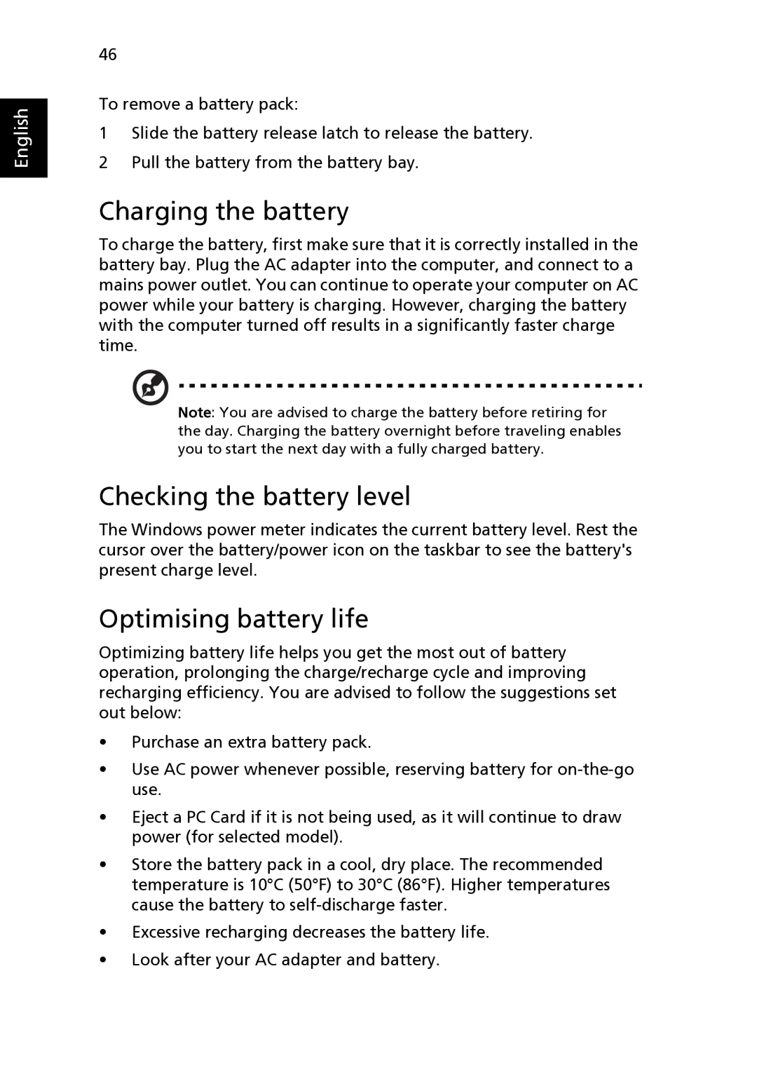 Acer 4520 manual Charging the battery, Checking the battery level, Optimising battery life 