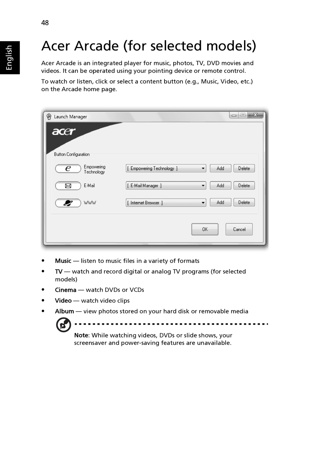 Acer 4520 manual Acer Arcade for selected models 