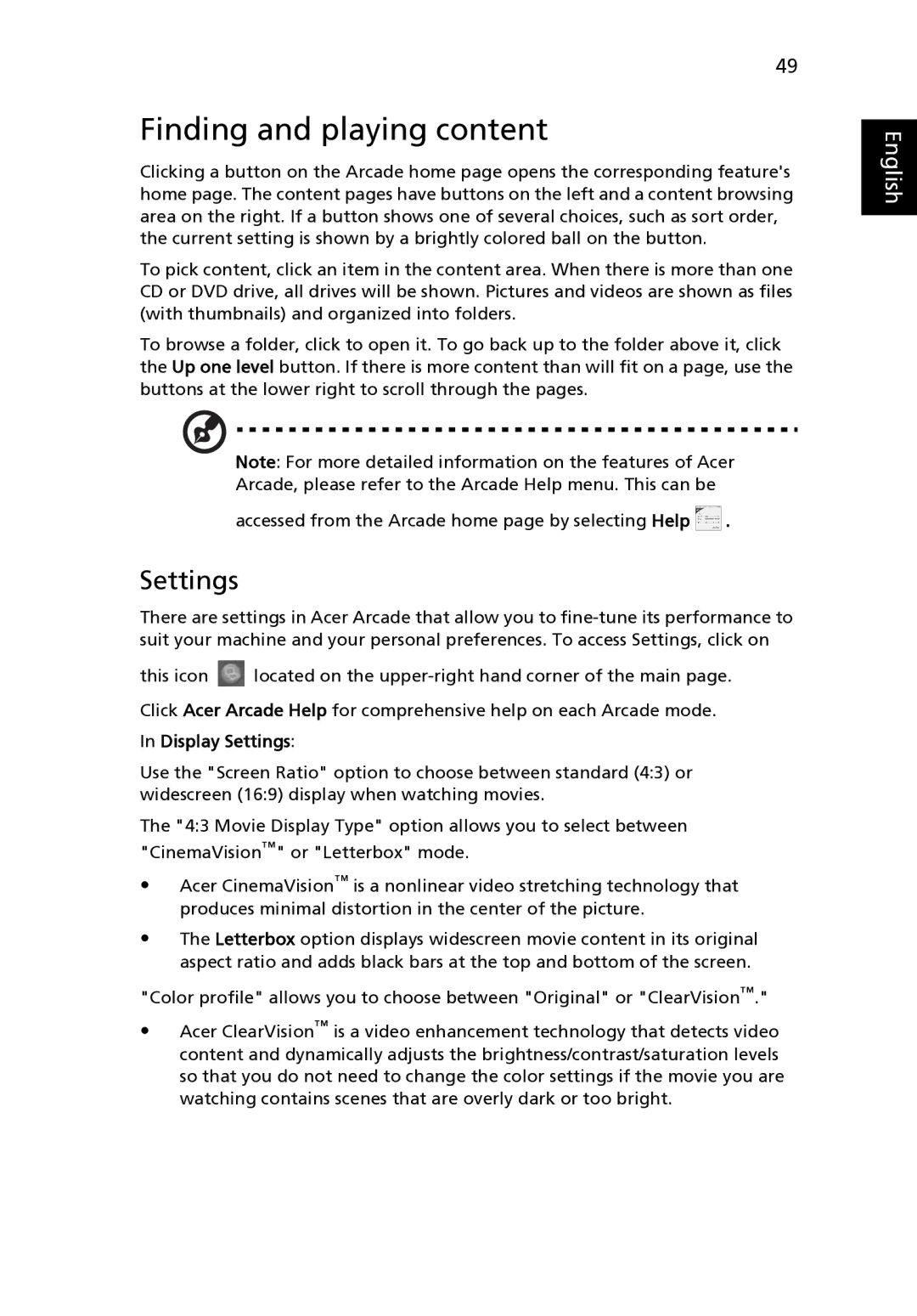 Acer 4520 manual Finding and playing content, Display Settings 