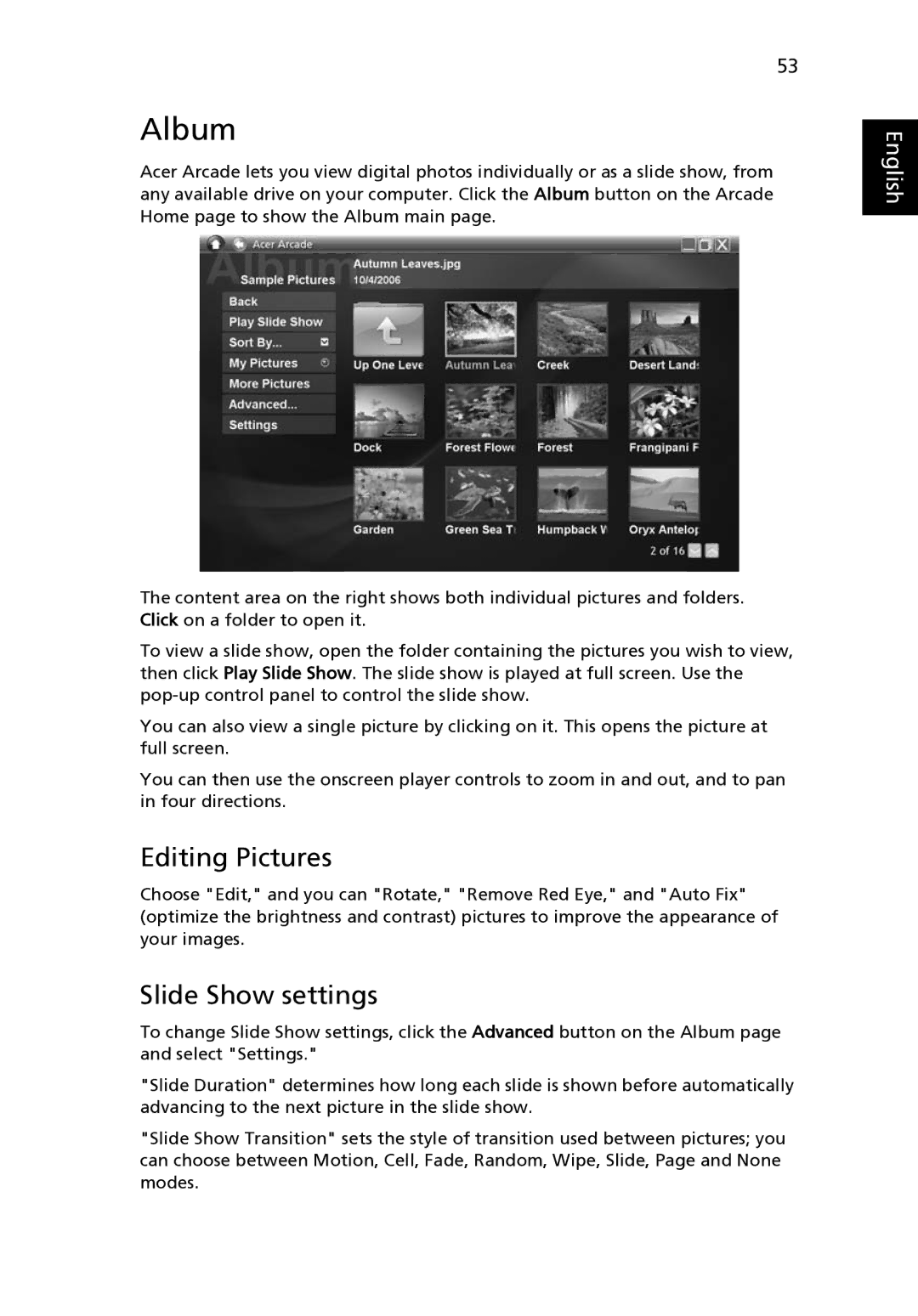 Acer 4520 manual Album, Editing Pictures, Slide Show settings 