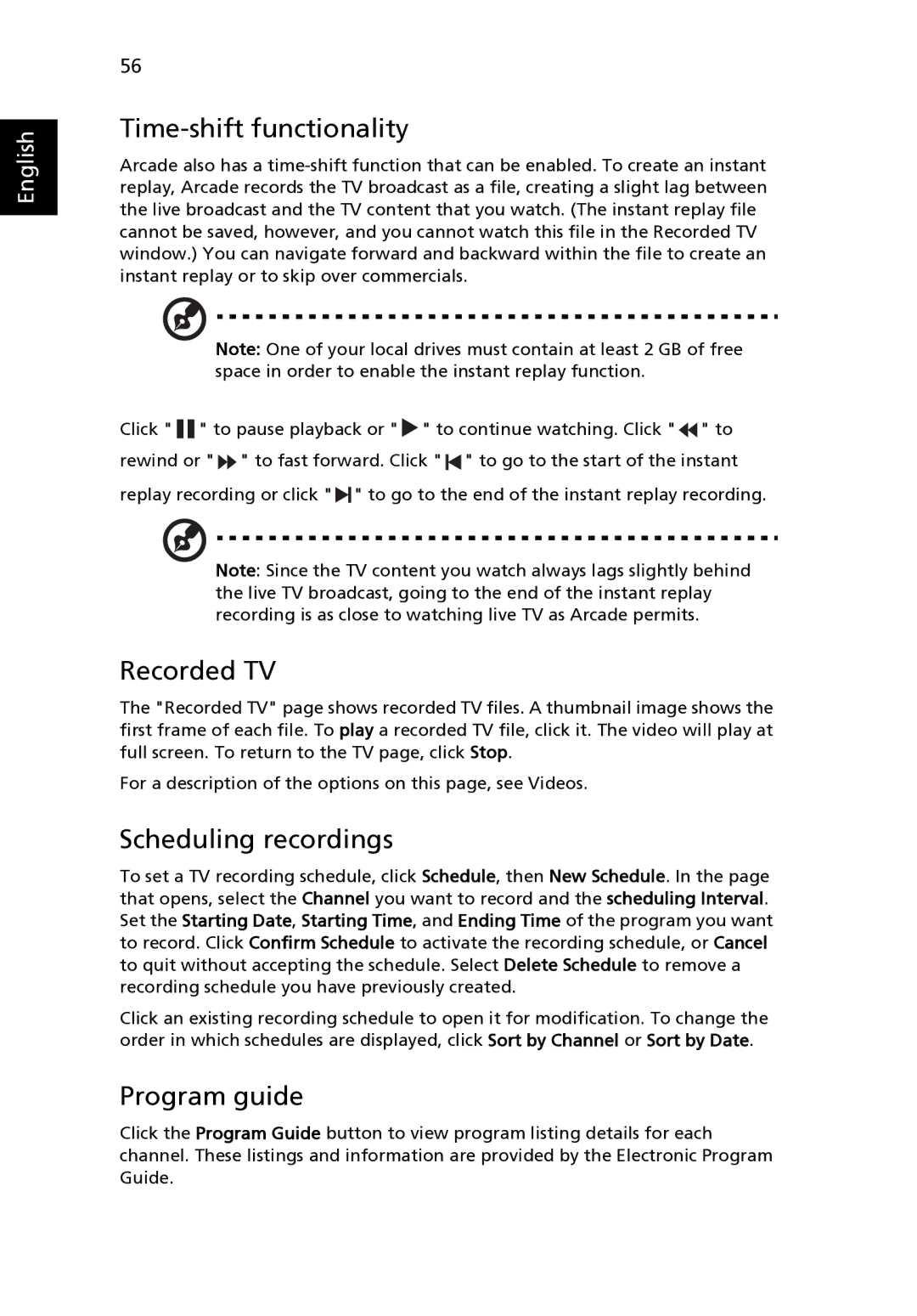 Acer 4520 manual Time-shift functionality, Recorded TV, Scheduling recordings, Program guide 