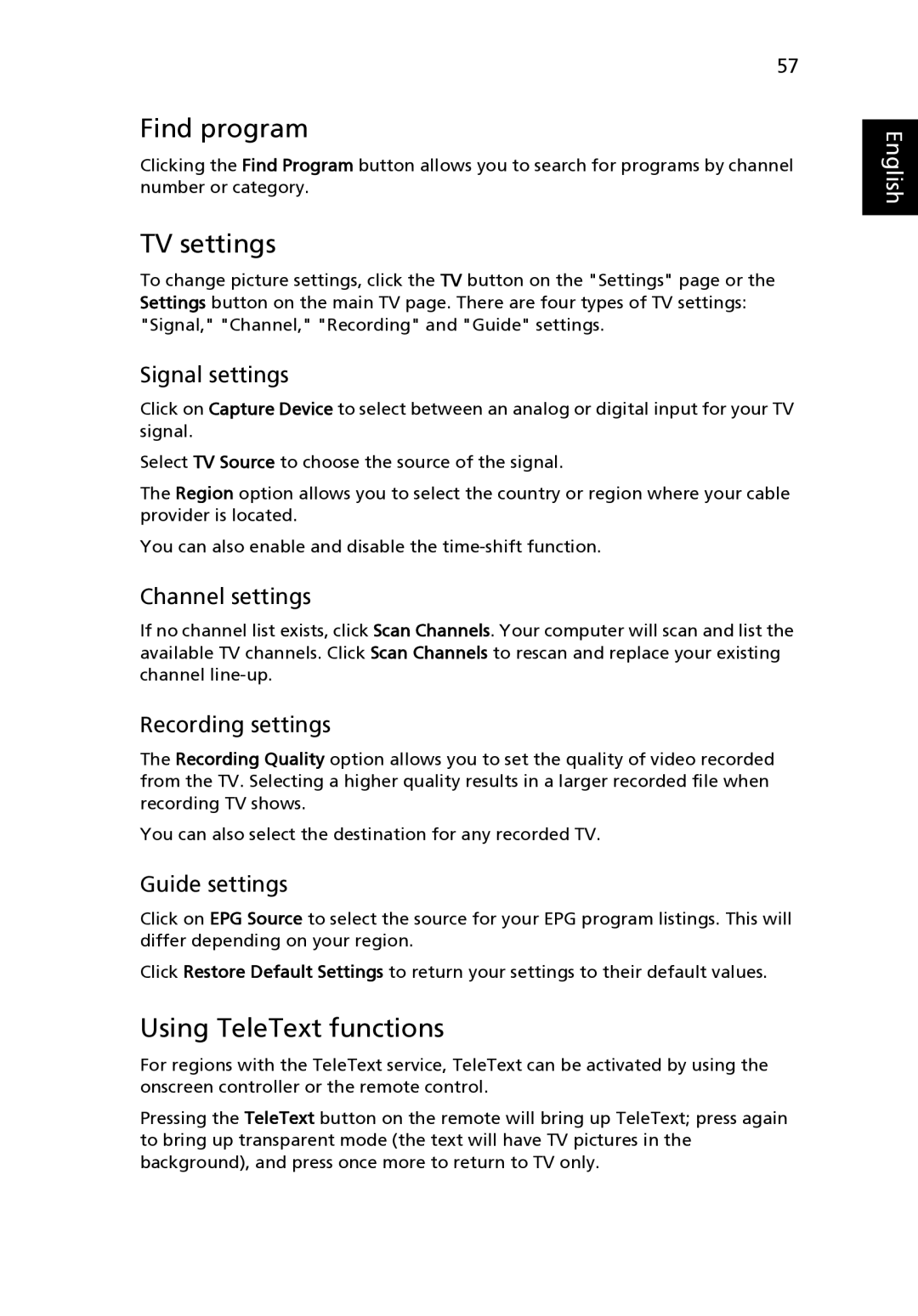 Acer 4520 manual Find program, TV settings, Using TeleText functions 