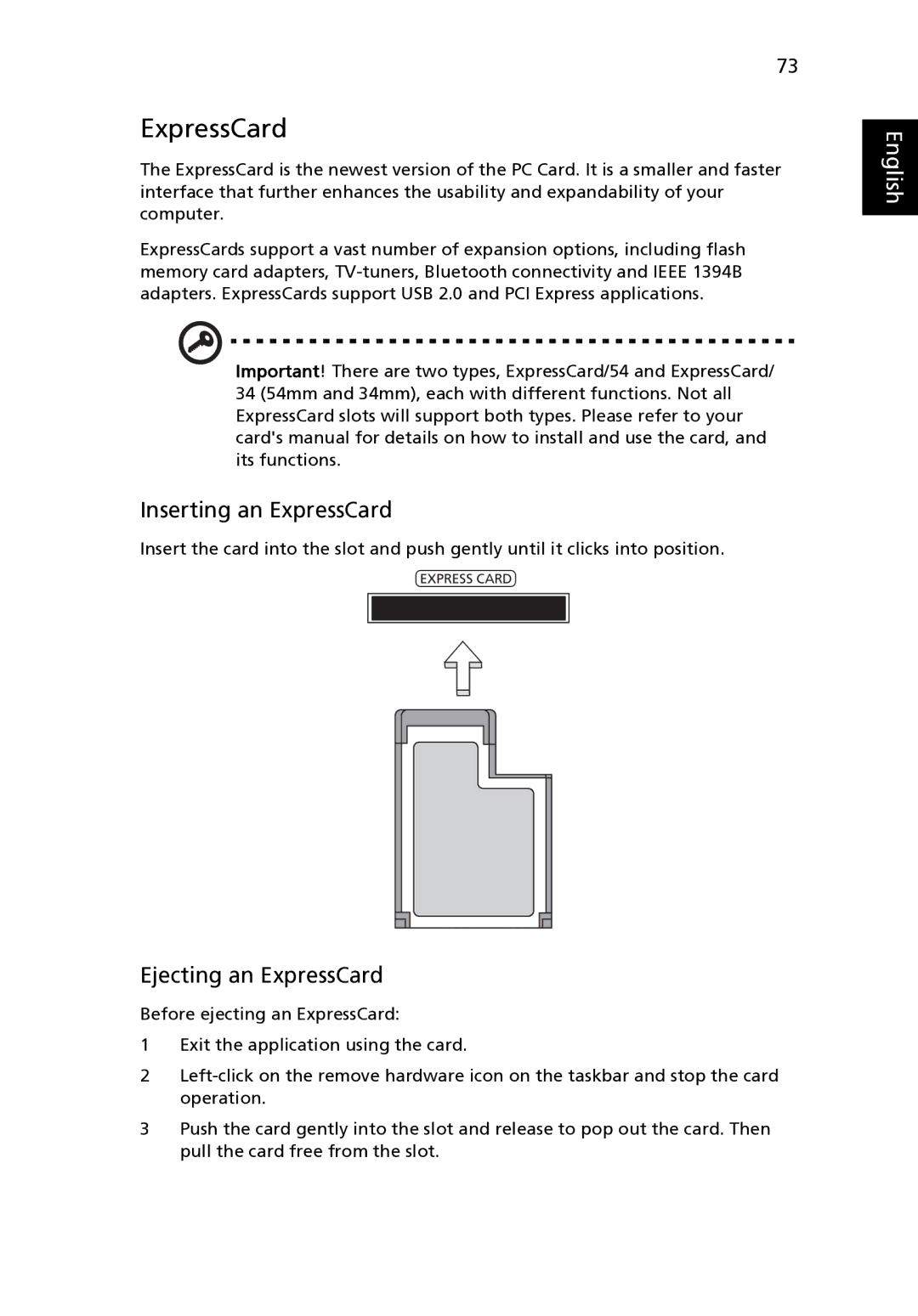 Acer 4520 manual Inserting an ExpressCard, Ejecting an ExpressCard 