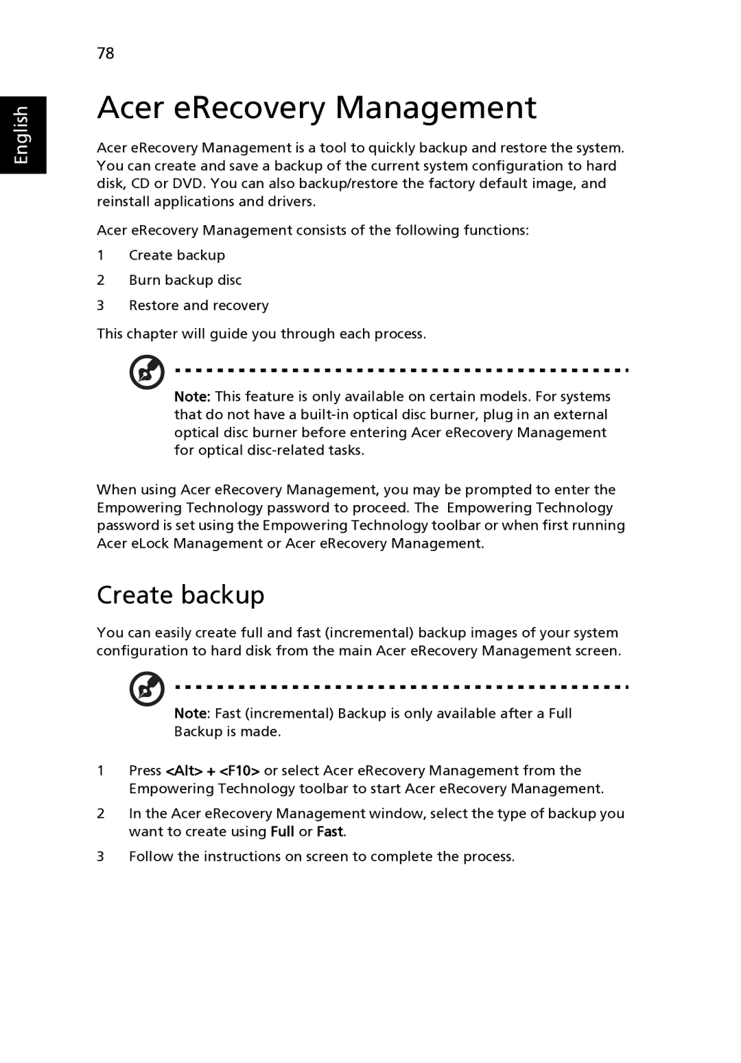 Acer 4520 manual Acer eRecovery Management, Create backup 