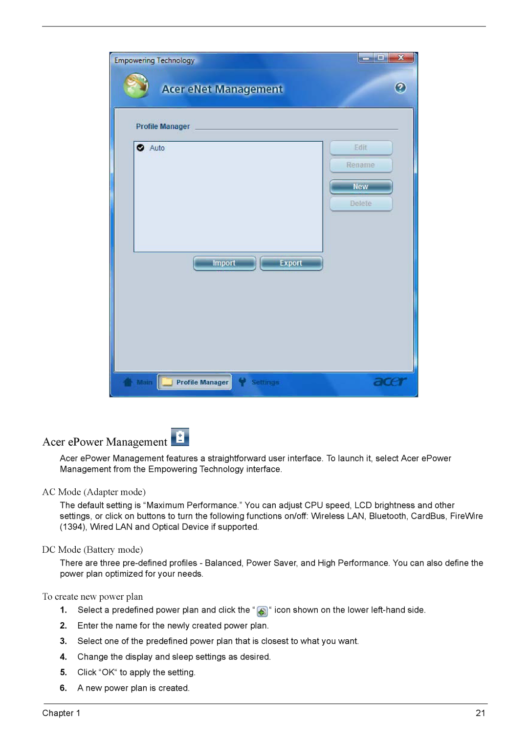 Acer 4520G, 4220G manual Acer ePower Management, AC Mode Adapter mode, DC Mode Battery mode, To create new power plan 