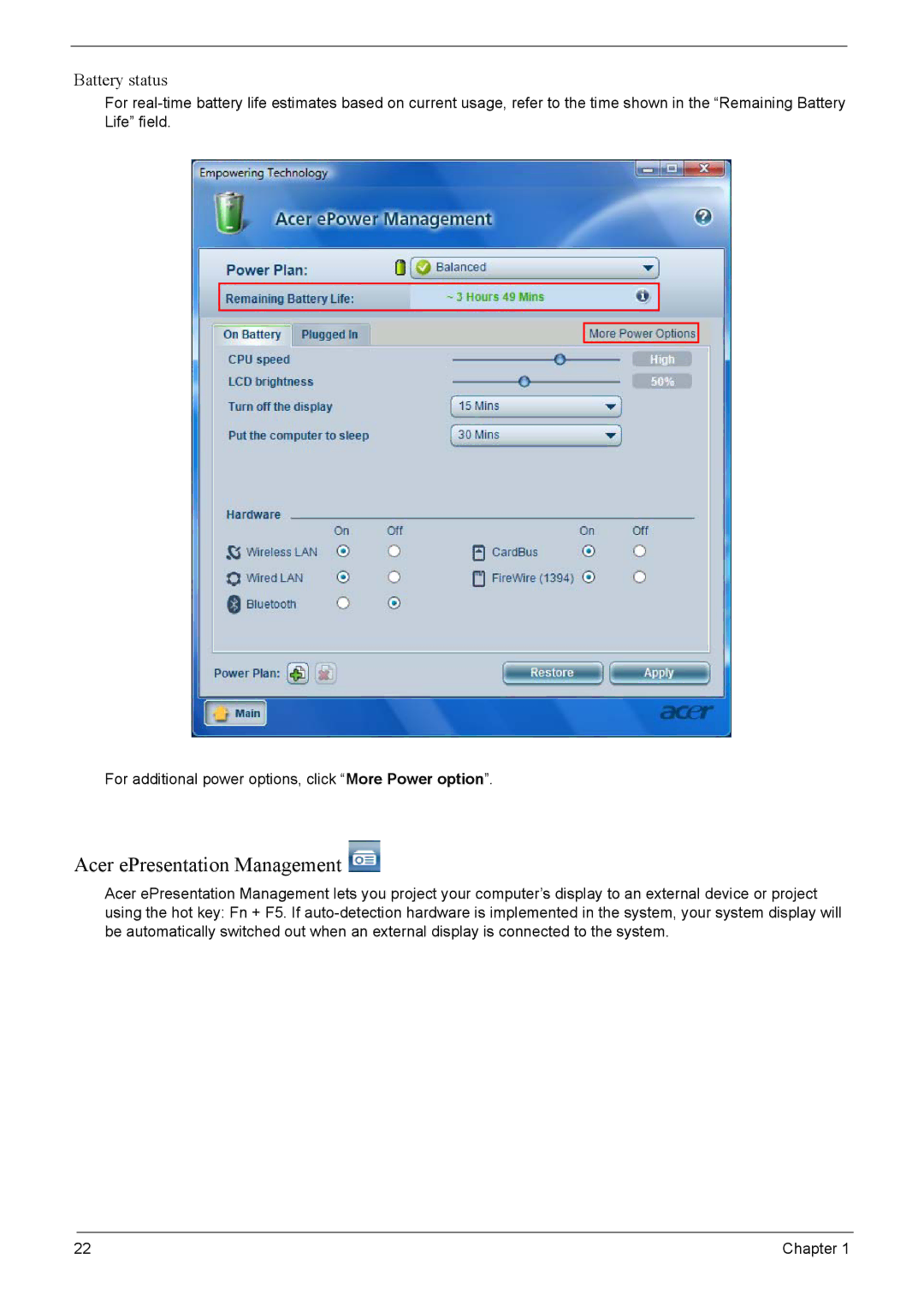 Acer 4220G, 4520G manual Acer ePresentation Management, Battery status 