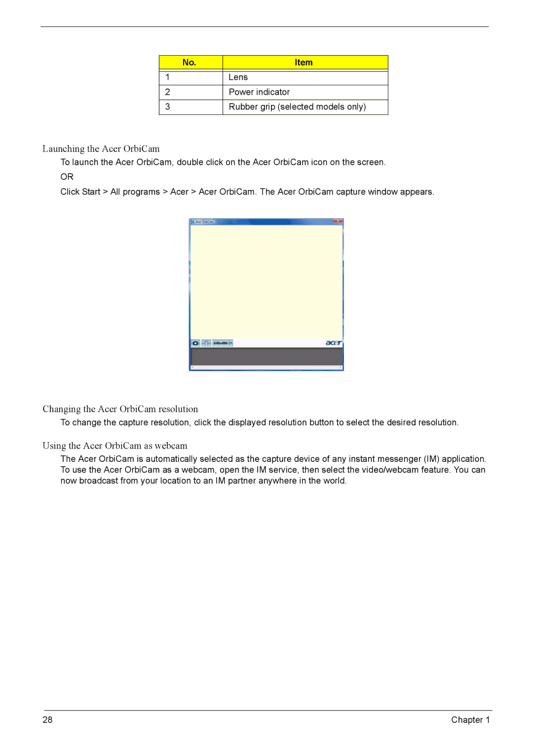 Acer 4220G, 4520G manual Launching the Acer OrbiCam, Changing the Acer OrbiCam resolution, Using the Acer OrbiCam as webcam 