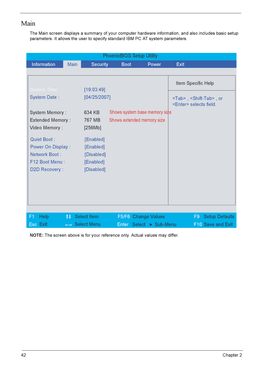 Acer 4520G, 4220G manual Main, Boot Power Exit 