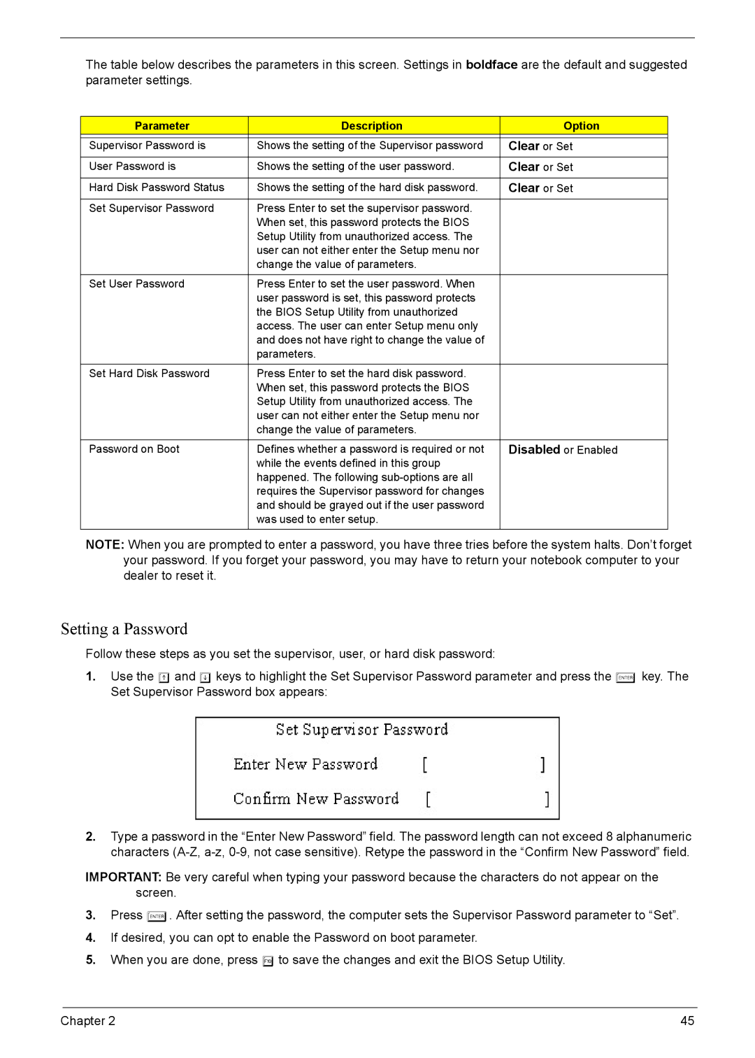 Acer 4520G, 4220G manual Setting a Password, Clear or Set, Parameter Description Option 