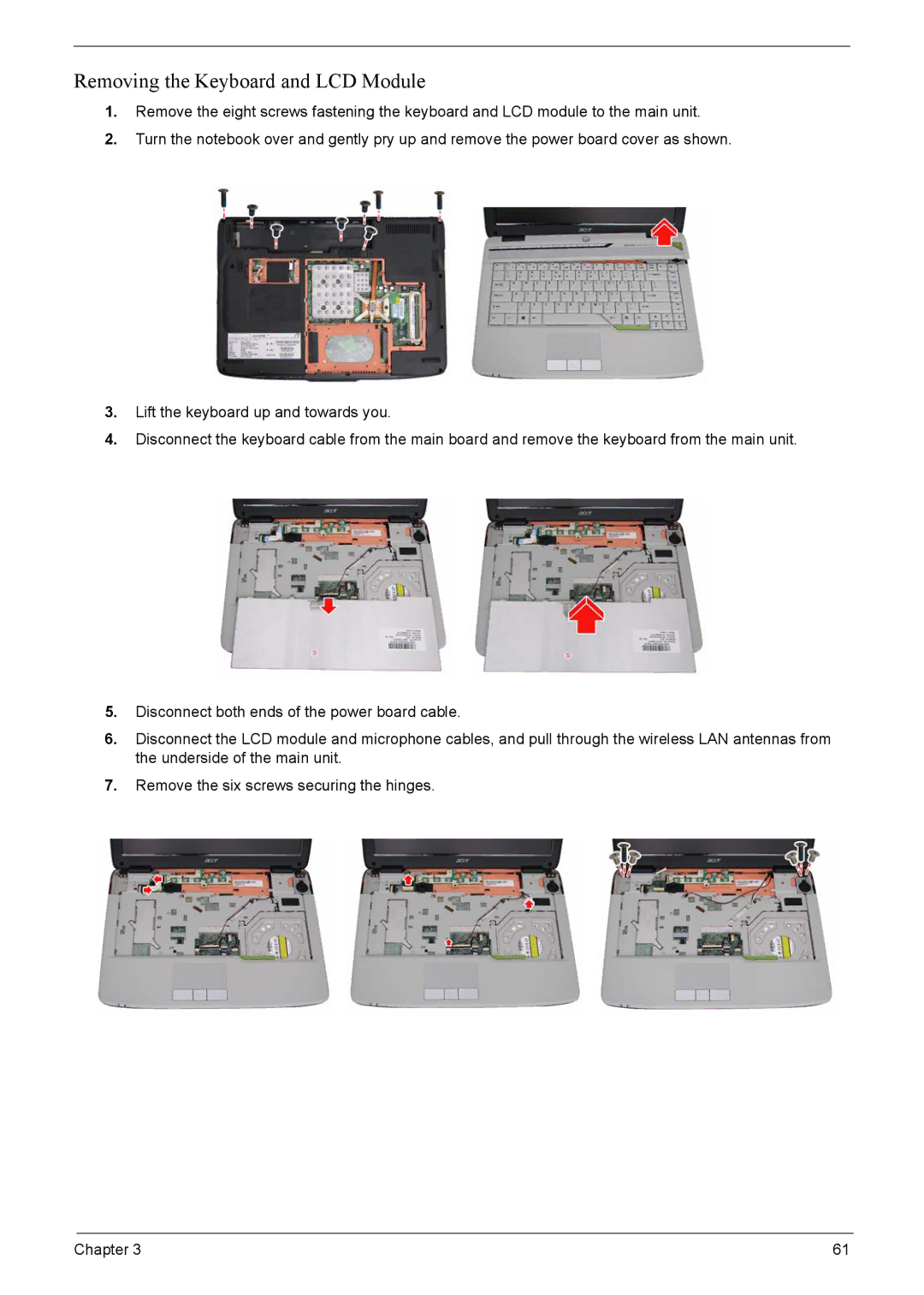 Acer 4220G, 4520G manual Removing the Keyboard and LCD Module 