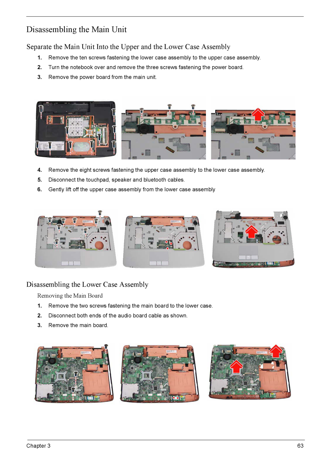 Acer 4520G, 4220G manual Disassembling the Main Unit, Disassembling the Lower Case Assembly, Removing the Main Board 