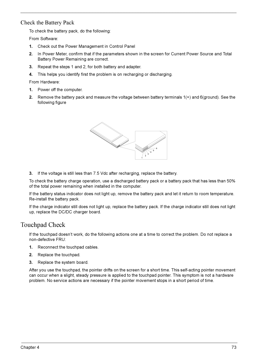 Acer 4220G, 4520G manual Touchpad Check, Check the Battery Pack 