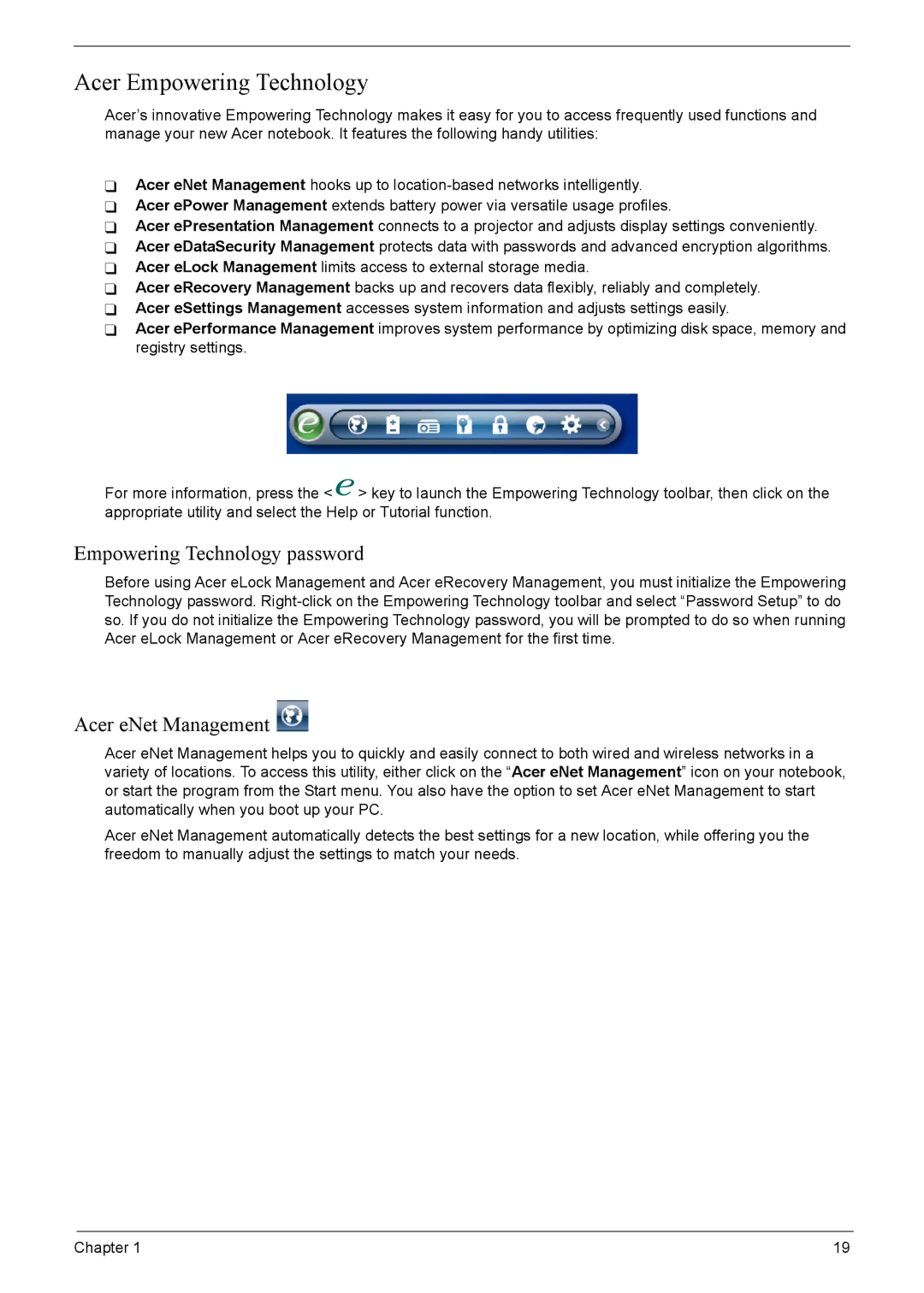 Acer 4220G, 4520G manual Acer Empowering Technology, Empowering Technology password, Acer eNet Management 