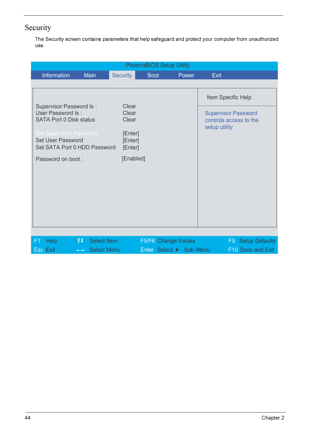 Acer 4520G, 4220G manual Security, Set Supervisor Password 