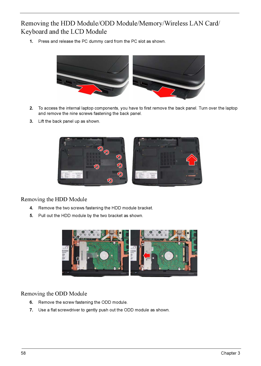 Acer 4520G, 4220G manual Removing the HDD Module, Removing the ODD Module 