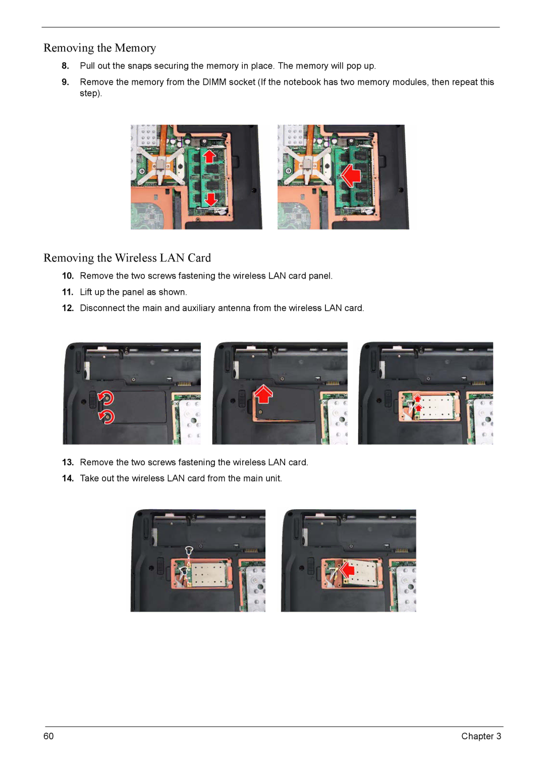 Acer 4520G, 4220G manual Removing the Memory, Removing the Wireless LAN Card 