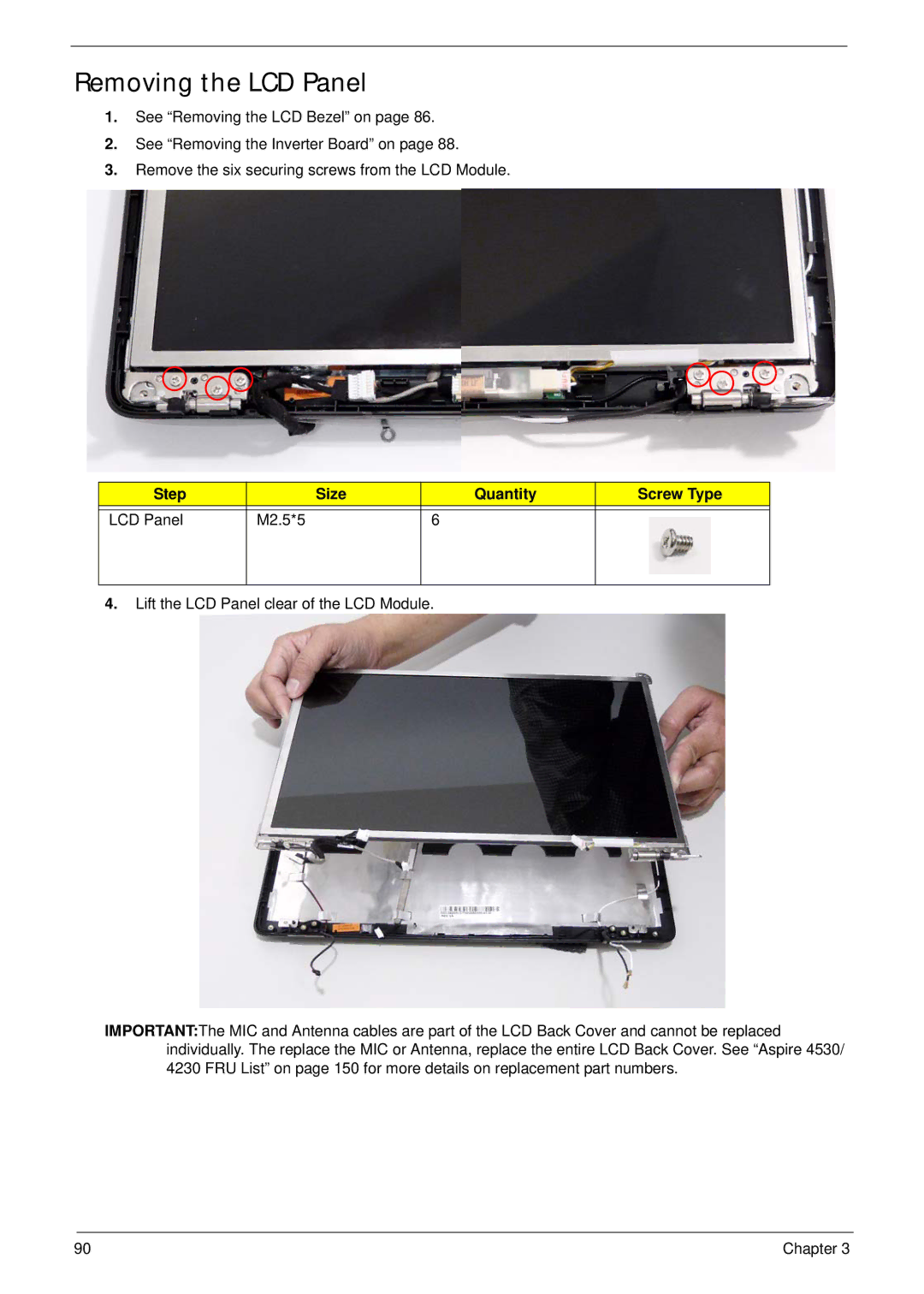 Acer 4530, 4230 manual Removing the LCD Panel, Step Size Quantity Screw Type LCD Panel M2.5*5 