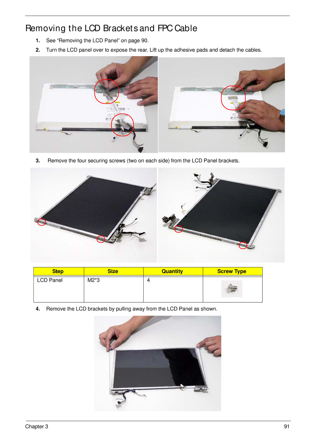 Acer 4230, 4530 manual Removing the LCD Brackets and FPC Cable, Step Size Quantity Screw Type LCD Panel M2*3 