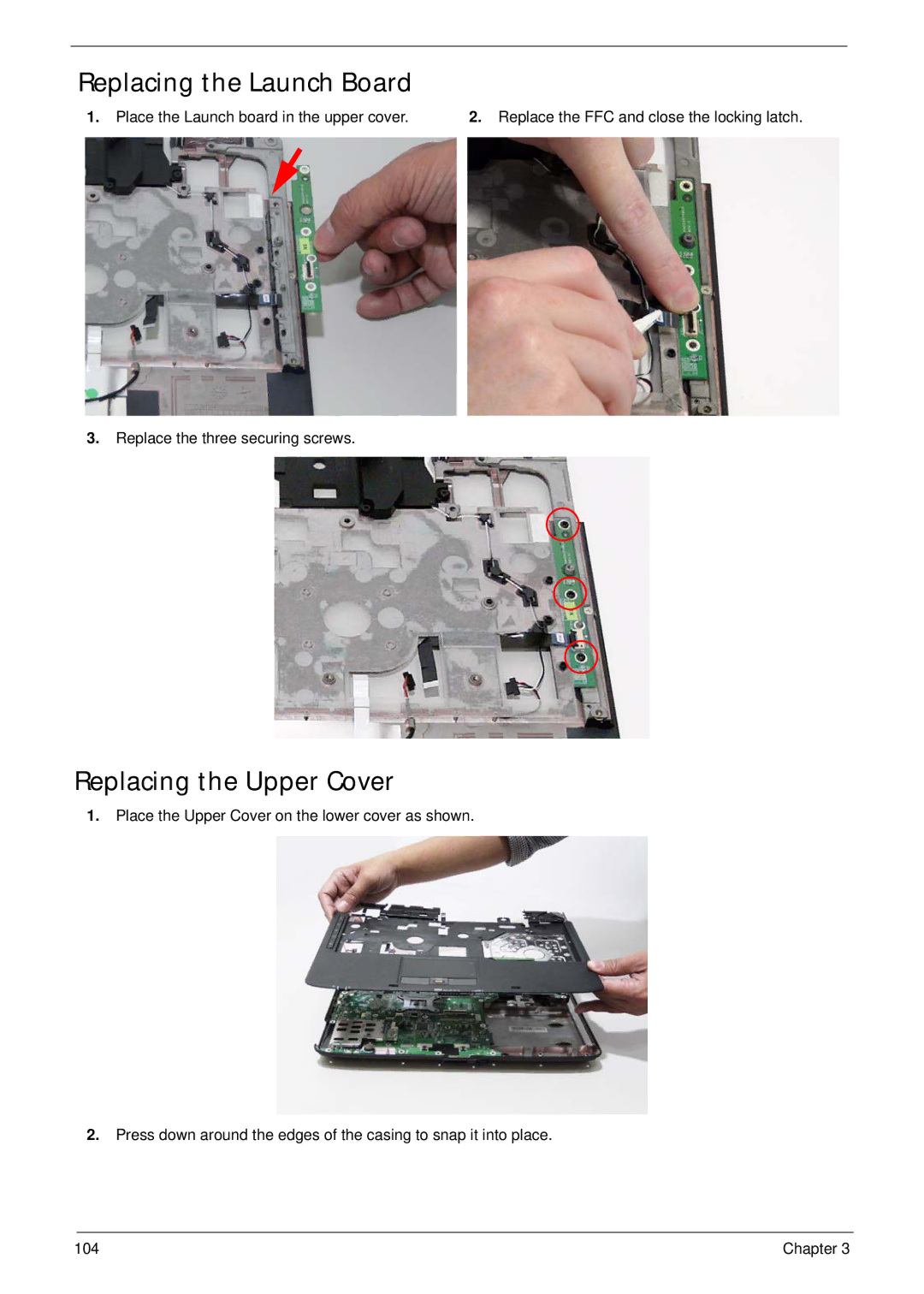 Acer 4530, 4230 manual Replacing the Launch Board, Replacing the Upper Cover 