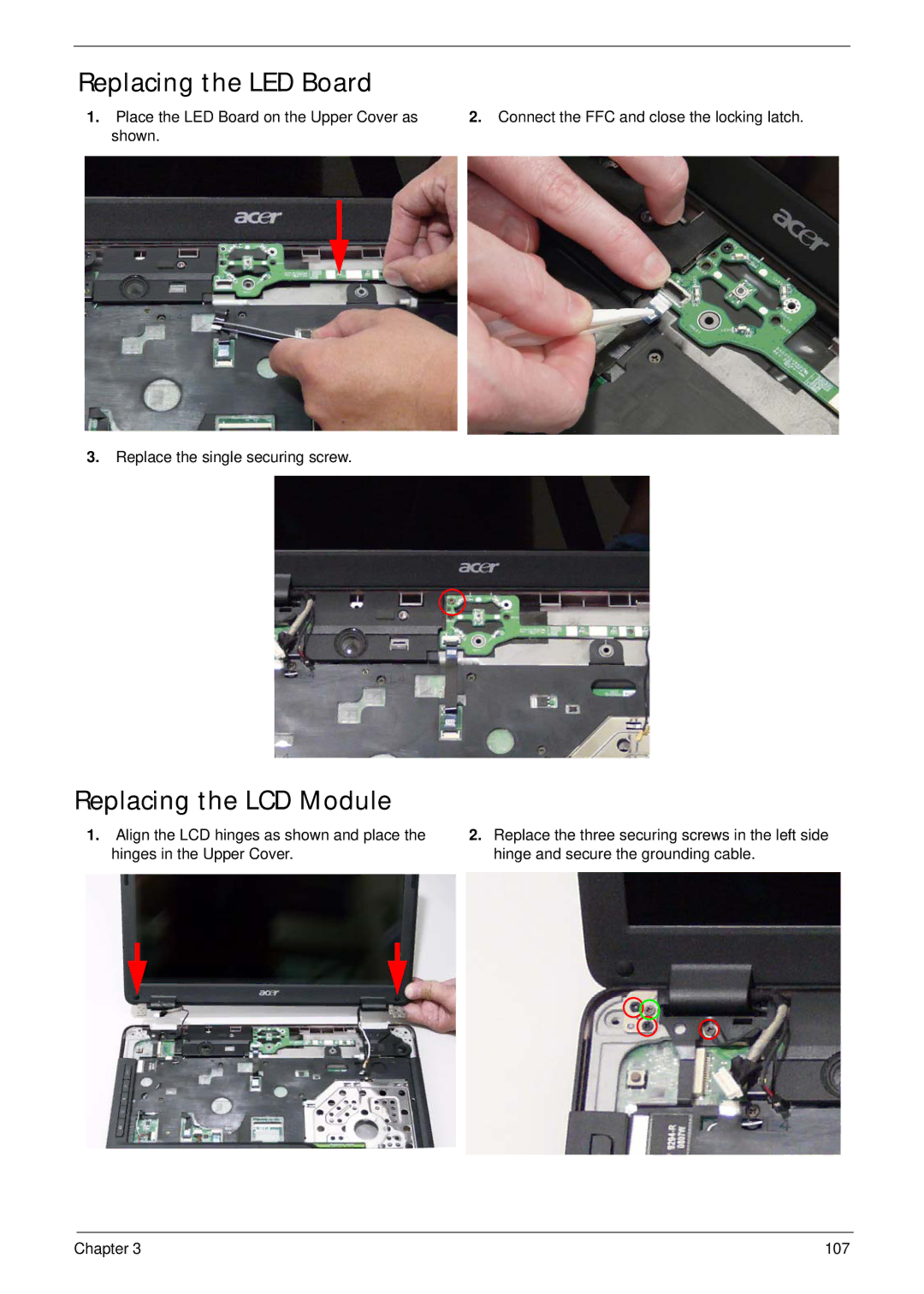 Acer 4230, 4530 manual Replacing the LED Board, Replacing the LCD Module 