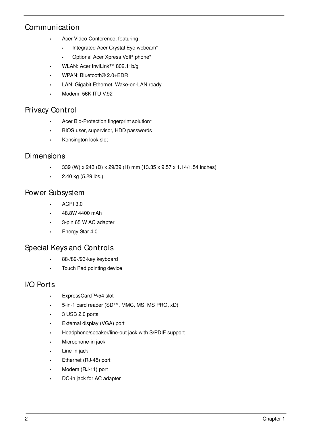 Acer 4530, 4230 manual Communication, Privacy Control, Dimensions, Power Subsystem, Special Keys and Controls, Ports 