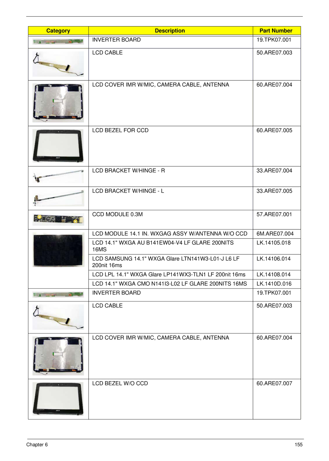 Acer 4230 Inverter Board, LCD Cable, LCD Cover IMR W/MIC, Camera CABLE, Antenna, LCD Bezel for CCD, LCD Bracket W/HINGE R 