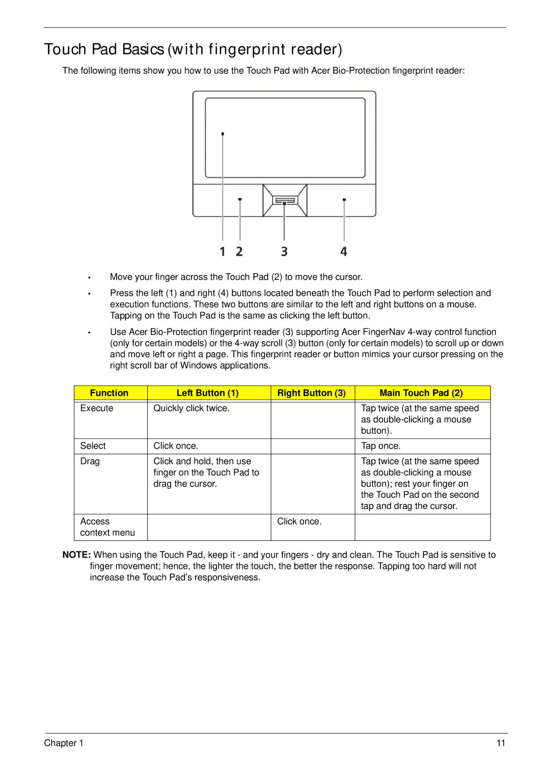 Acer 4230, 4530 manual Touch Pad Basics with fingerprint reader, Function Left Button Right Button Main Touch Pad 