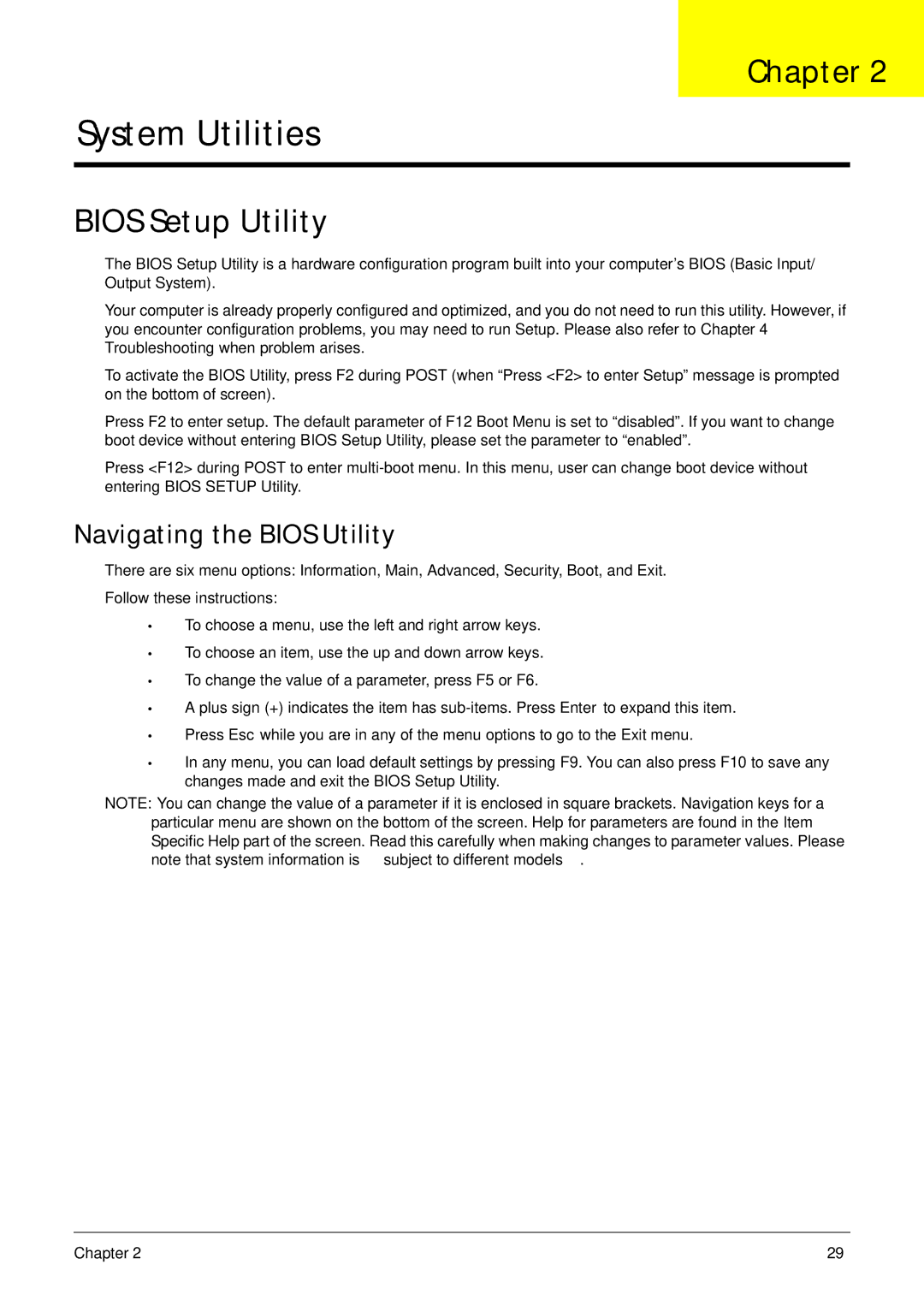 Acer 4230, 4530 manual Bios Setup Utility, Navigating the Bios Utility 