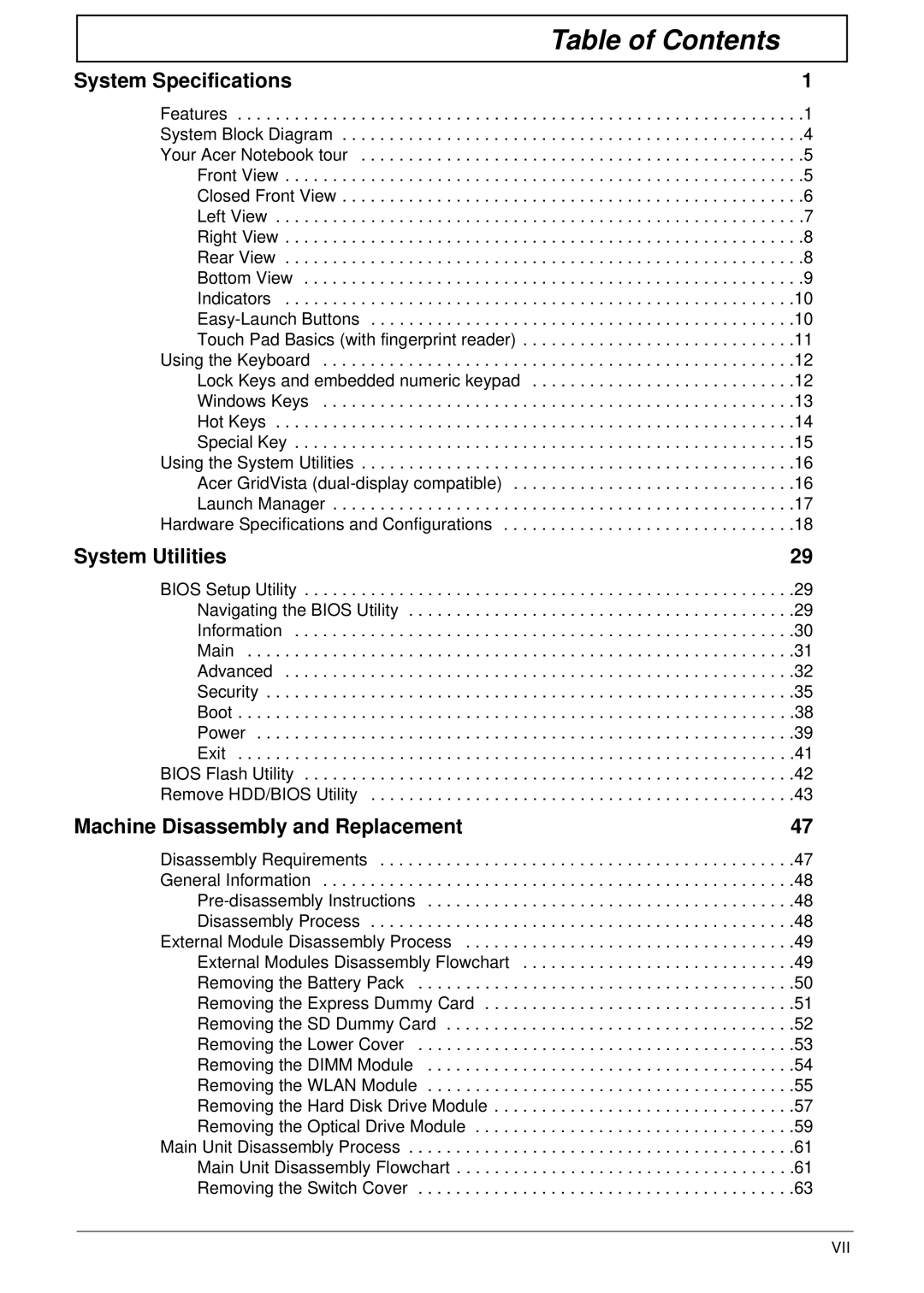 Acer 4230, 4530 manual Table of Contents 