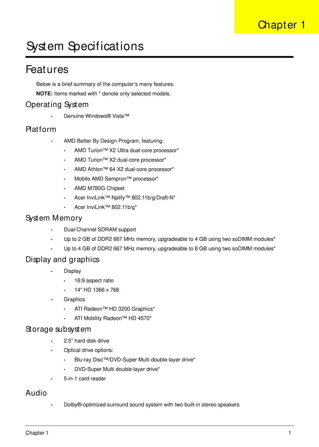 Acer 4535G, 4235 manual Chapter, Features 