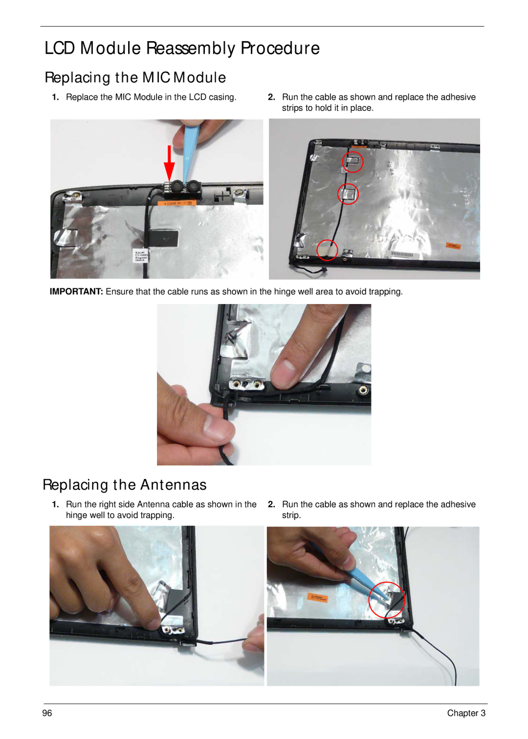 Acer 4235, 4535G manual LCD Module Reassembly Procedure, Replacing the MIC Module, Replacing the Antennas 