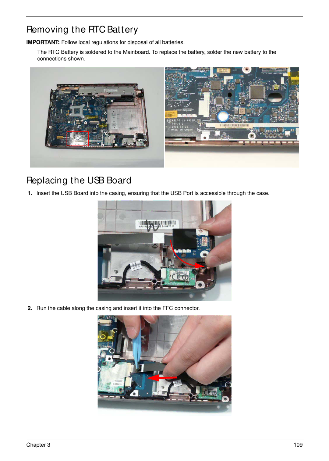 Acer 4535G, 4235 manual Removing the RTC Battery, Replacing the USB Board 