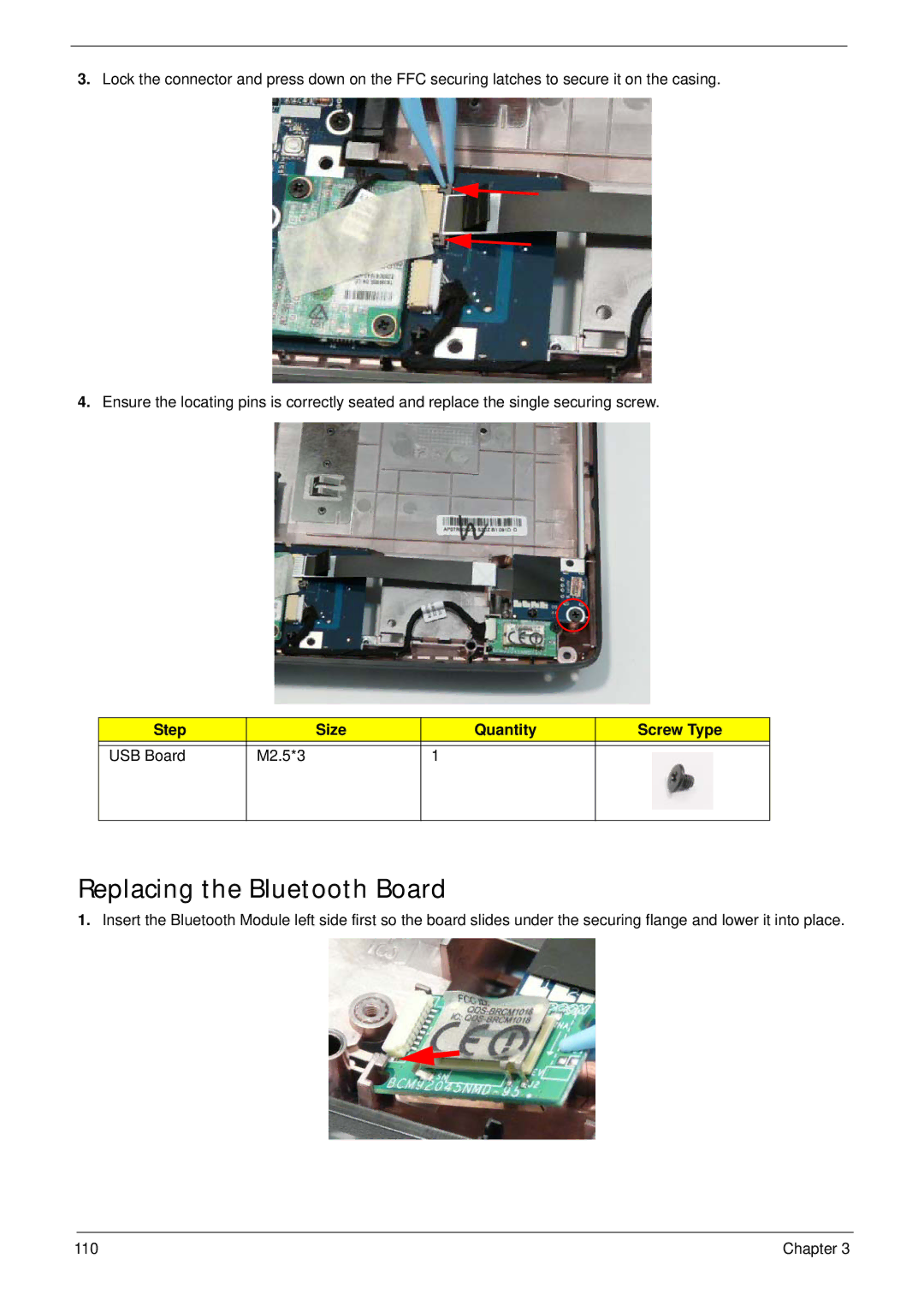 Acer 4235, 4535G manual Replacing the Bluetooth Board, Step Size Quantity Screw Type USB Board M2.5*3 