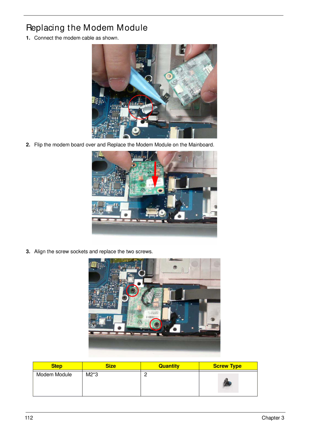 Acer 4235, 4535G manual Replacing the Modem Module, Step Size Quantity Screw Type Modem Module M2*3 