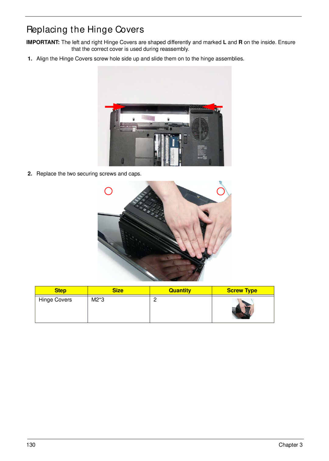 Acer 4235, 4535G manual Replacing the Hinge Covers, Step Size Quantity Screw Type Hinge Covers M2*3 