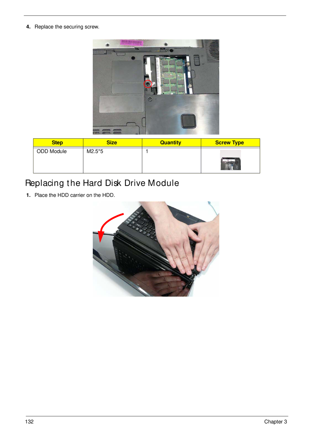 Acer 4235, 4535G manual Replacing the Hard Disk Drive Module, Replace the securing screw, Place the HDD carrier on the HDD 