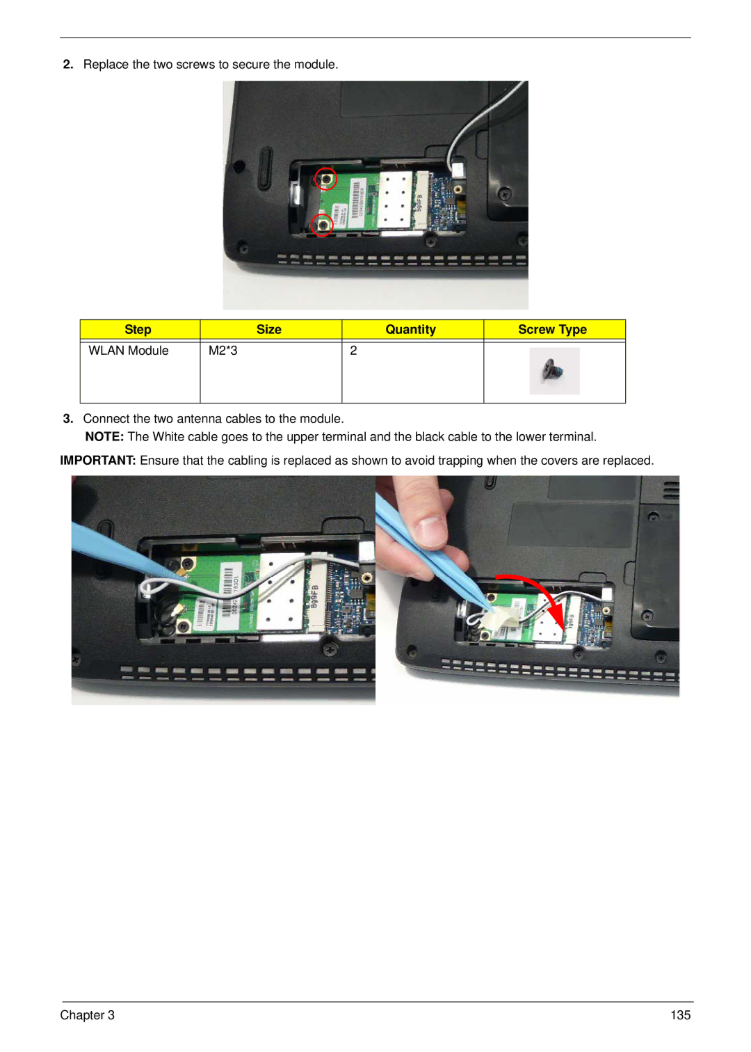 Acer 4535G, 4235 manual Replace the two screws to secure the module, Step Size Quantity Screw Type Wlan Module M2*3 