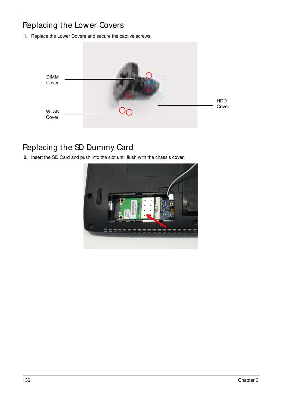 Acer 4235 Replacing the Lower Covers, Replacing the SD Dummy Card, Replace the Lower Covers and secure the captive screws 