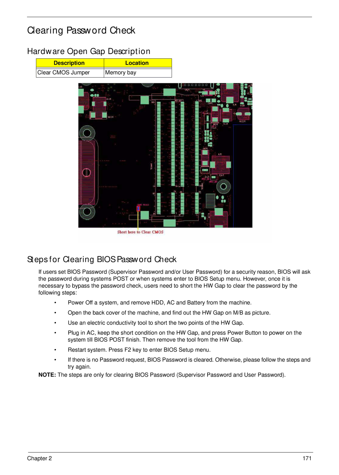 Acer 4535G, 4235 manual Clearing Password Check, Hardware Open Gap Description, Steps for Clearing Bios Password Check 