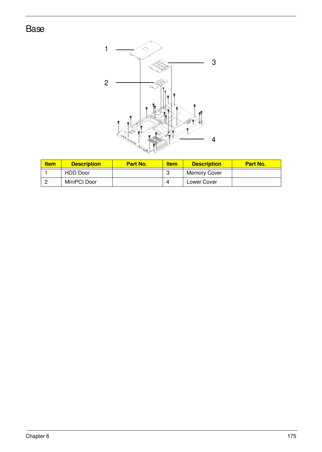 Acer 4535G, 4235 manual Base, HDD Door Memory Cover MiniPCI Door Lower Cover 